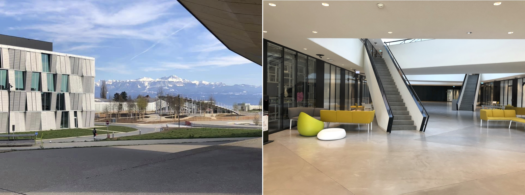 図1: (左) キャンパスから望むスイスアルプス。ローザンヌはレマン湖に面したフランス語圏の街。左側のメタリックな建物の１階に研究室があった。正面の波打った建物はロレックスセンターとよばれ、図書館が中にある。   (右) 研究室がある建物内部。オサレ。左手に見えるのが私がいた研究室。隣に寿司屋があってよくいじられた。